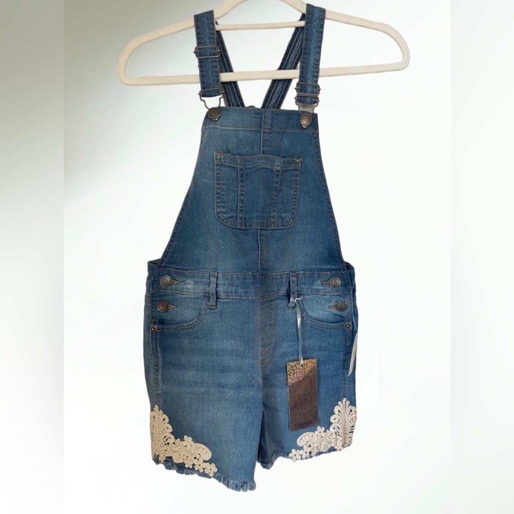 Vigoss Blue Denim Overall Shorts with Crochet Side Accents Size Medium